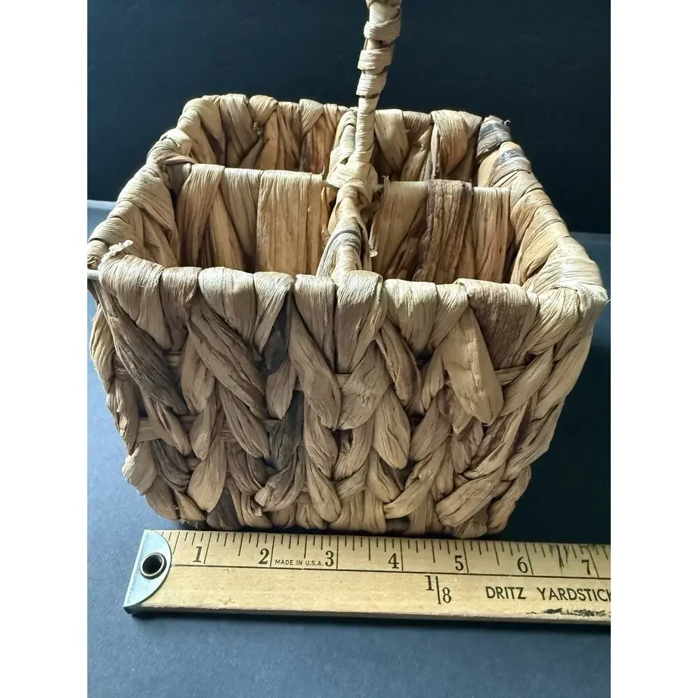 Vintage Wicker Flatware Cutlery Wine Basket Organizer Woven Divided Barware